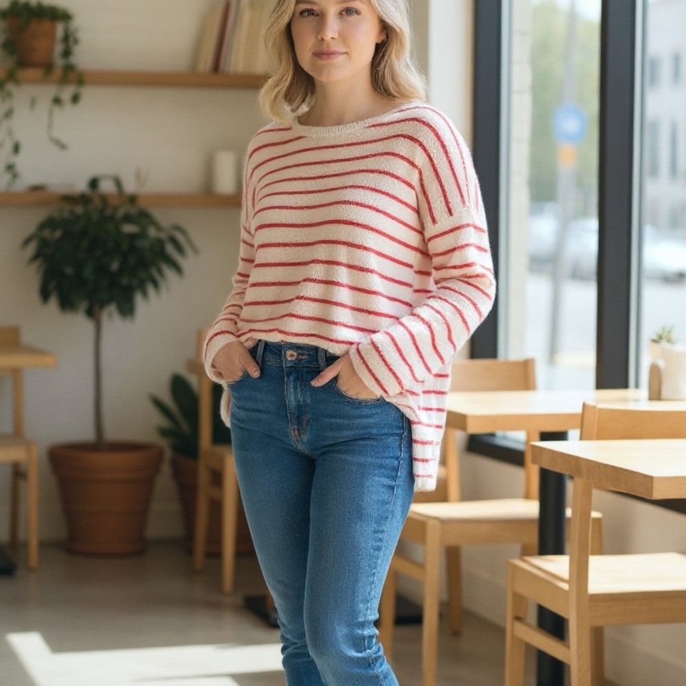 Vince Oversized Striped Boat Neck Sweater Split Hem Orange Cream XS
